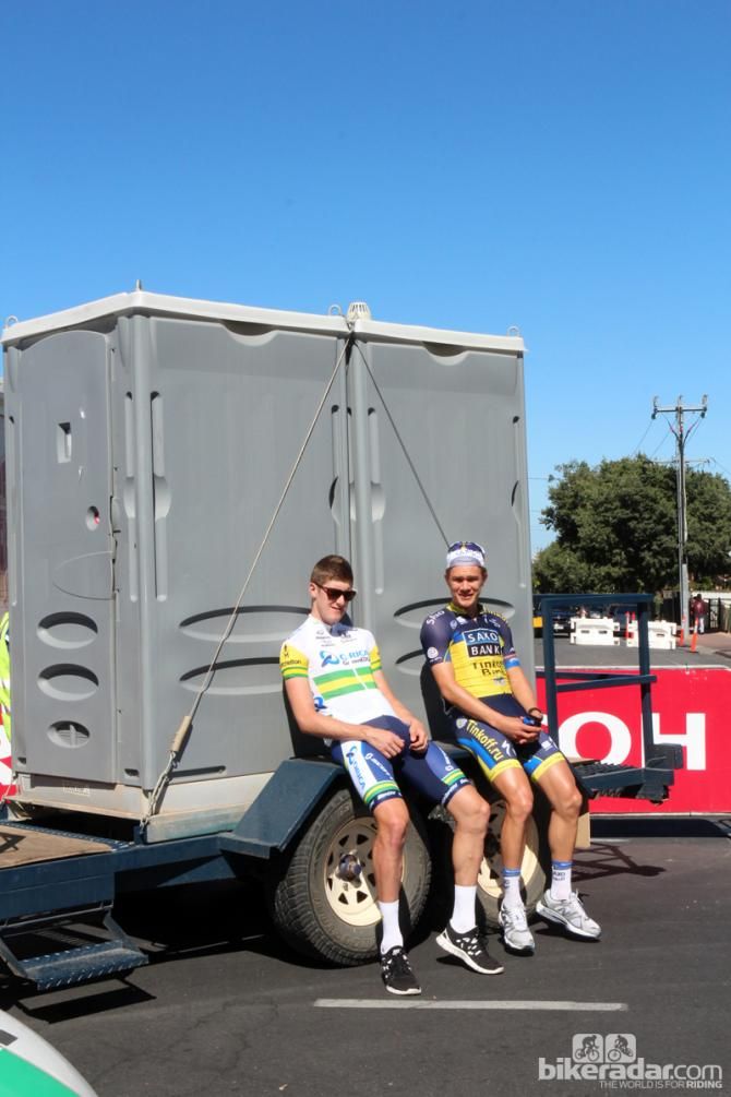 Teams are generally using rented vehicles for Tour Down Under, meaning the giant team buses - and their on-board bathrooms - have given way to minivans and porta-potties.