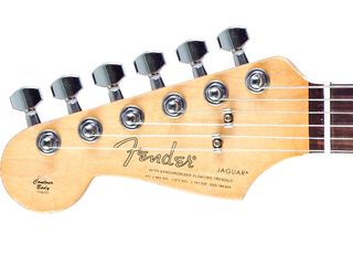 Also unusual is the guitar's Strat sized headstock, complete with non-period-correct 'spaghetti' Fender logo.