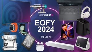 The words "EOFY 2024 deals" in the centre of a TechRadar deals logo surrounded by popular tech products