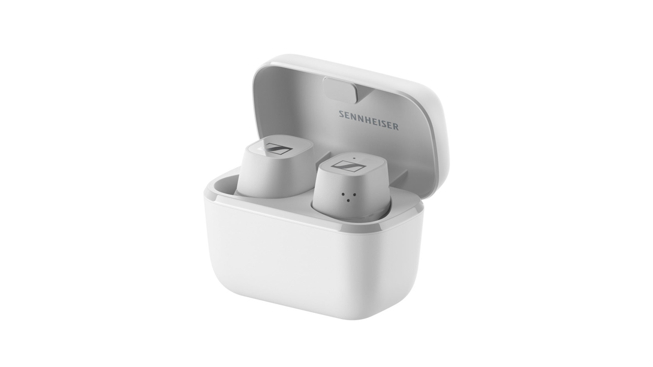 the sennheiser cx true wireless earbuds in their charging case with the lid open