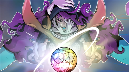 A wizardly figure with purple hair reaches for a rainbow-hued orb.