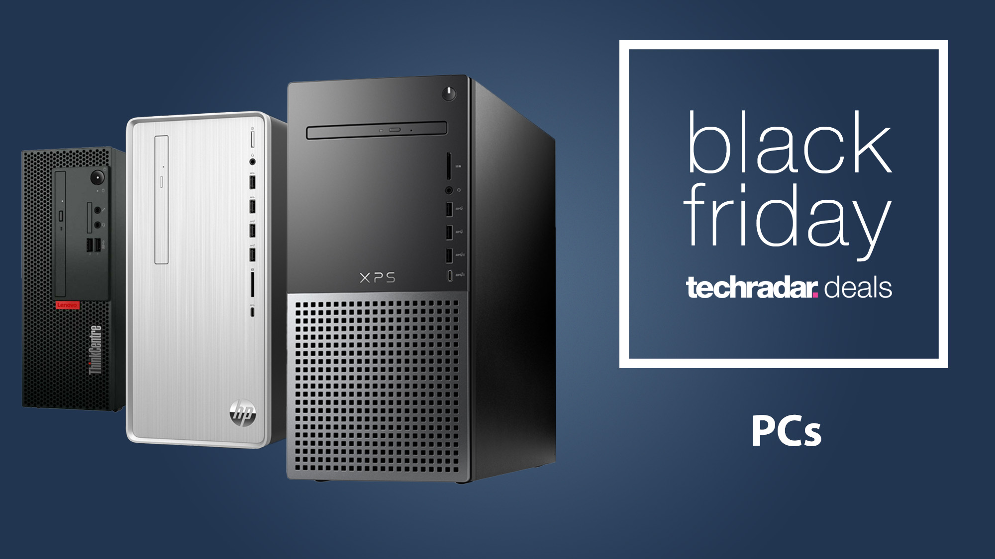 A trio of desktop pcs against a blue background with a TechRadar Black Friday PC deals badge