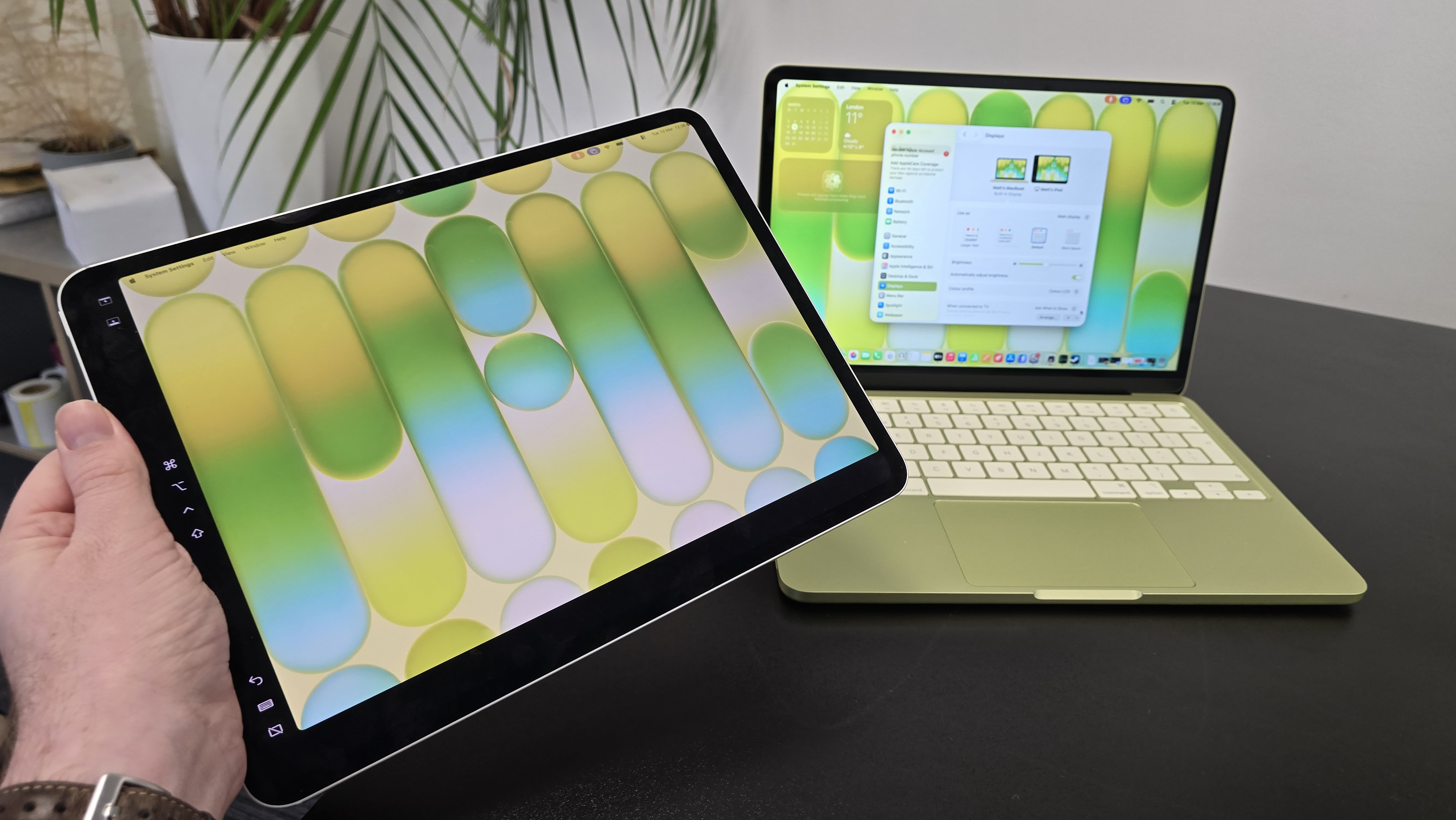 MacBook Neo laptop on a desk with plant in background