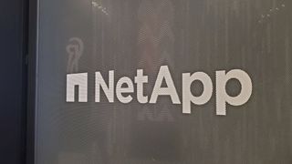 NetApp logo pictured on a wall at the company's headquarters in San Jose, California.