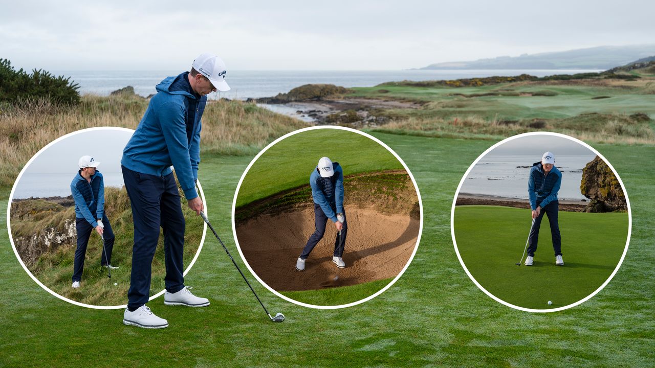 Ben Emerson hitting a tee shot with an iron in challenging conditions at Turnberry, surrounded by a backdrop of the sea and a cold, wet looking landscape, with three inset images of Ben Emerson hitting a bunker shot, preparing to hit a chip shot and reading a putt on the green