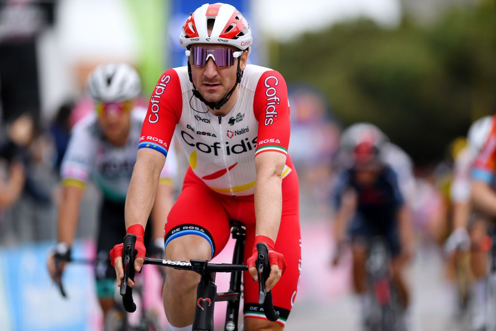 TERMOLI ITALY MAY 14 Elia Viviani of Italy and Team Cofidis at arrival during the 104th Giro dItalia 2021 Stage 7 a 181km stage from Notaresco to Termoli girodiitalia Giro on May 14 2021 in Termoli Italy Photo by Tim de WaeleGetty Images