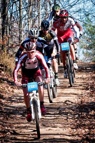Lukas Fluckiger (Trek World Racing) sets the pace in the lead group.