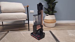 Shark Stratos IZ400 cordless vacuum folded in half and stood upright for storage