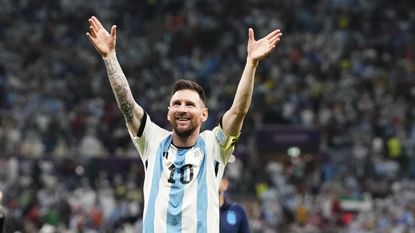 Lionel Messi celebrating his side reaching the Argentina v Croatia World Cup 2022 semi final match