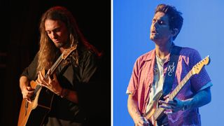 Left-Guitarist Mike Dawes performs at City Winery on August 16, 2018 in New York City; Right-John Mayer performs on his The Search for Everything World Tour at the AT&T Center on August 3, 2017 in San Antonio, Texas