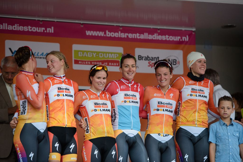 A happy Boels Dolmans team on the podium as TTT winners