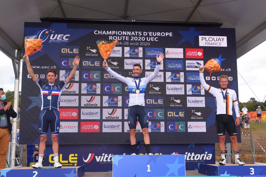 PLOUAY FRANCE AUGUST 26 Podium Arnaud Demare of France Silver Medal Giacomo Nizzolo of Italy Gold Medal European Champion Jersey Pascal Ackermann of Germany Bronze medal Celebration during the 26th UEC Road European Championships 2020 Mens Elite a 17745km race from Plouay to Plouay UECcycling EuroRoad20 on August 26 2020 in Plouay France Photo by Luc ClaessenGetty Images