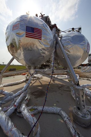 NASA's Morpheus prototype lander rests on its launch pad waiting for a test at Johnson Space Center in Houston. 