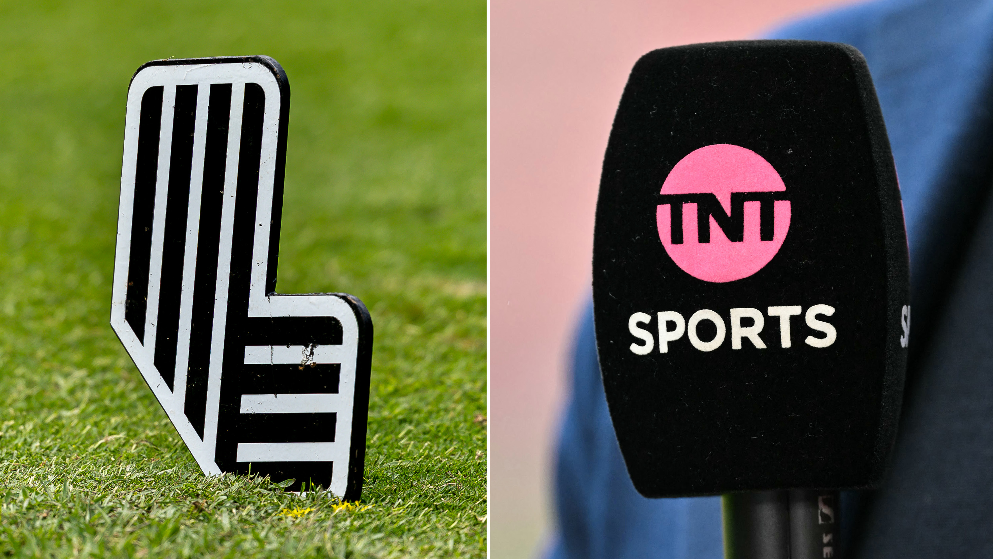 A LIV Golf tee marker logo and a TNT Sports microphone