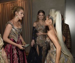 new york, ny may 07 l r blake lively, gigi hadid and ariana grande attend the heavenly bodies fashion the catholic imagination costume institute gala at the metropolitan museum of art on may 7, 2018 in new york city photo by kevin mazurmg18getty images for the met museumvogue
