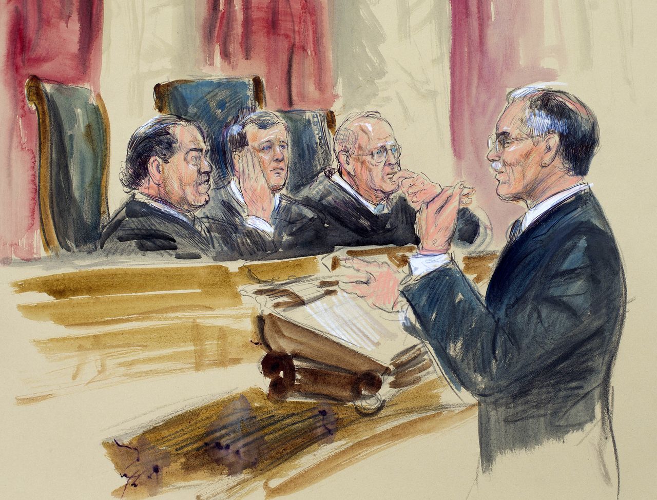 Courtroom rendering of arguments in King v. Burwell.