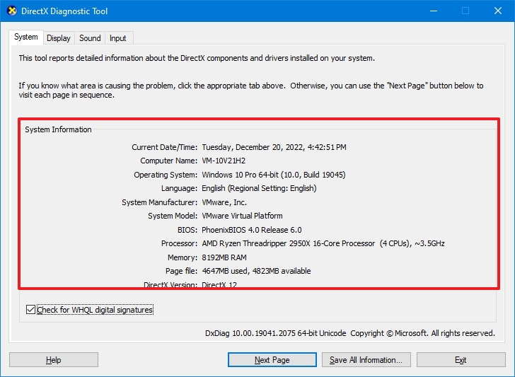 Dxdiag Windows 10 system specs