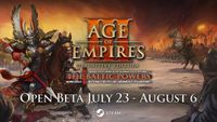 A knight in ornate armor rides a horse in a dramatic battlefield scene from "Age of Empires III: Definitive Edition," with soldiers lined up behind him and a sunset in the background.