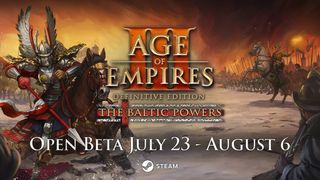 A knight in ornate armor rides a horse in a dramatic battlefield scene from "Age of Empires III: Definitive Edition," with soldiers lined up behind him and a sunset in the background.