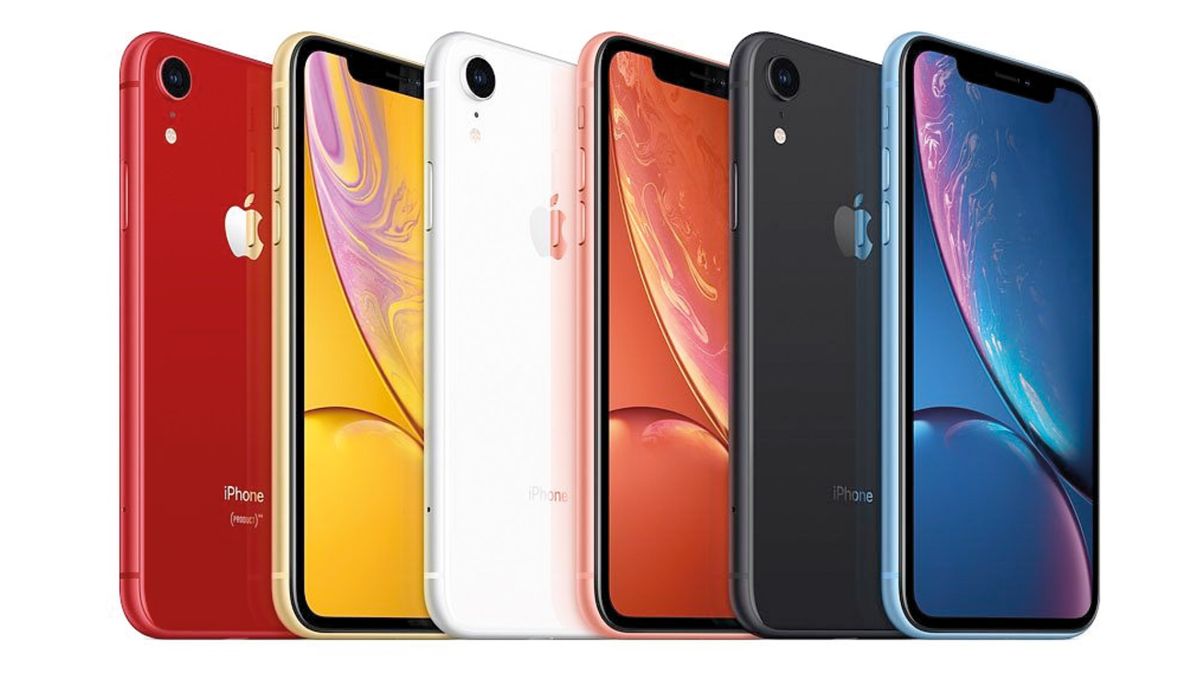 A row of iPhone XRs in various colors