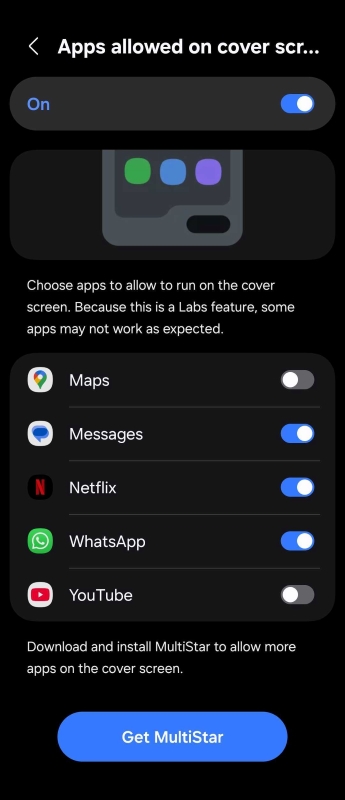 A settings menu with various toggles and a large blue 