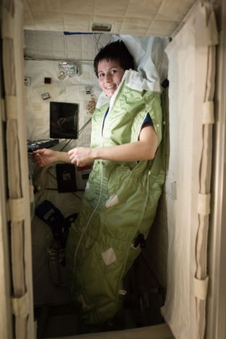 Expedition 42 Samantha Cristoforetti and Her Sleeping Bag