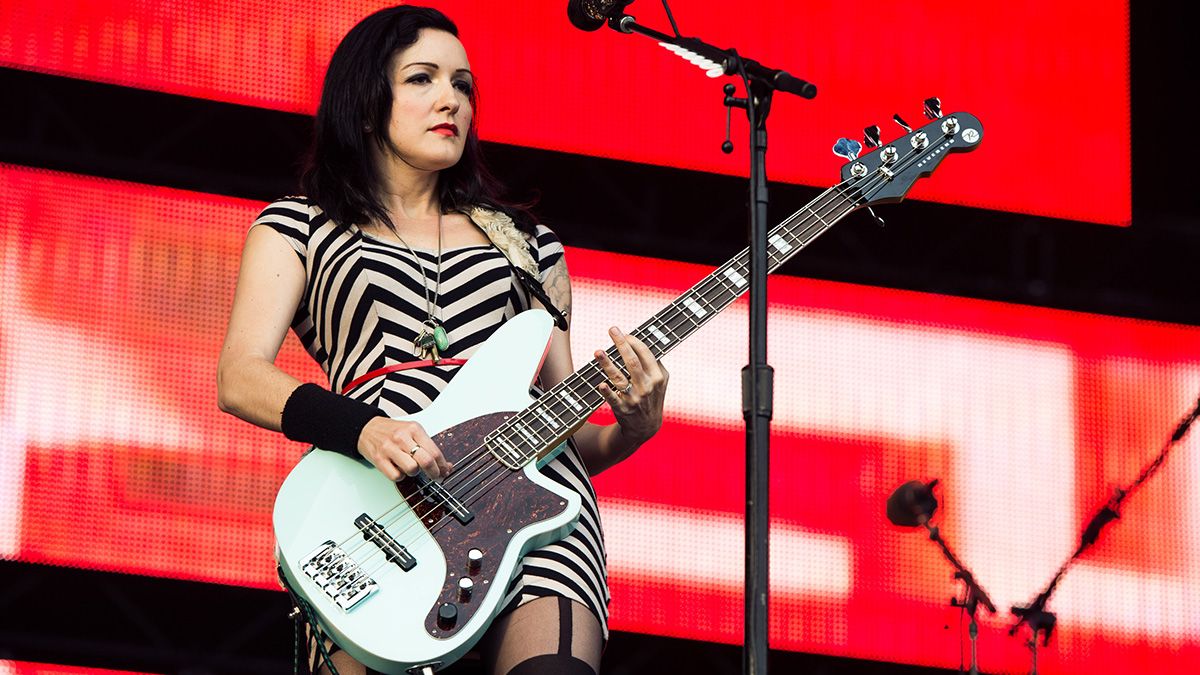 Nicole Fiorentino of the Smashing Pumpkins performs on the Other Stage during day 4 of the 2013 Glastonbury Festival at Worthy Farm on June 29, 2013 in Glastonbury, England