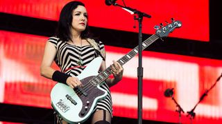 Nicole Fiorentino of the Smashing Pumpkins performs on the Other Stage during day 4 of the 2013 Glastonbury Festival at Worthy Farm on June 29, 2013 in Glastonbury, England