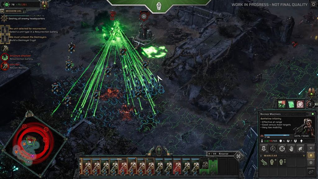 Video game screenshot showing a top-down battle scene. Soldiers are firing bright green energy beams at enemies. The terrain is rocky and dark.