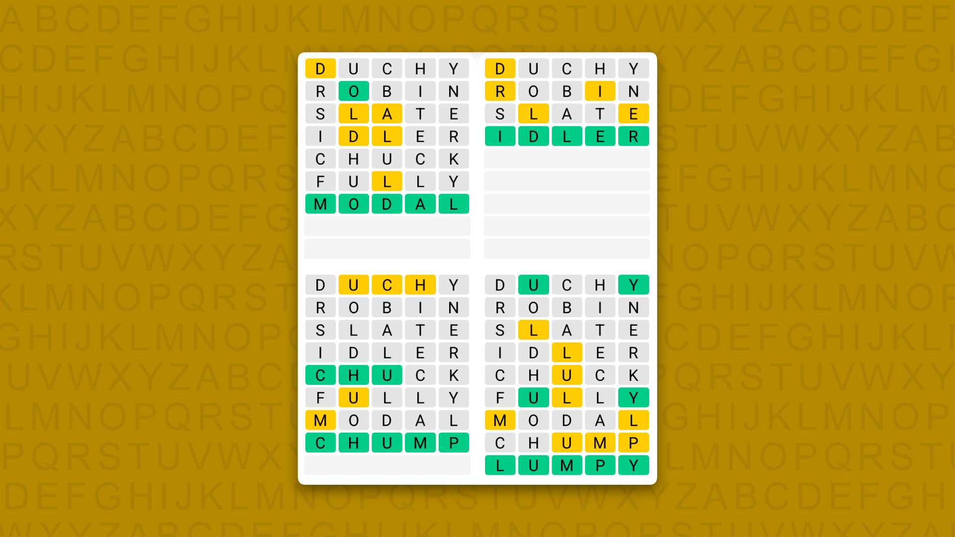 Quordle answers for game 1648 on a yellow background