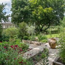 An early Victorian home in Sussex, home of Clare Clarke and husband David, exterior view of the garden with a paved garden path.