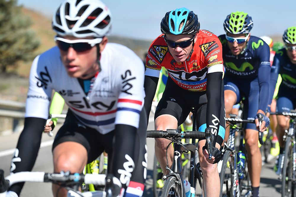 Chris Froome is kept safe by his Team Sky teammates