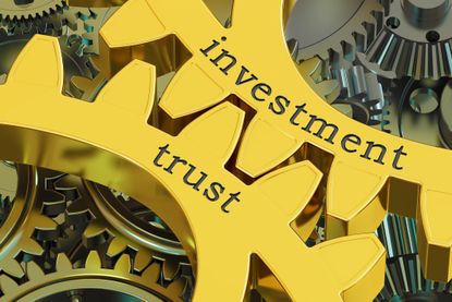 Two yellow gears fit together, one marked investment and the other trust, to imply collective investment trusts.