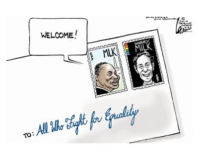 Editorial cartoon Harvey Milk stamp