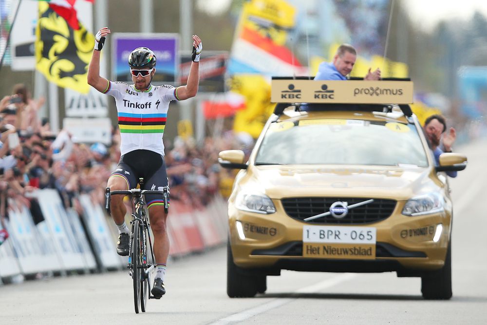Peter Sagan of Slovakia and Tinkoff celebrates winning the 100th edition of the Tour of Flanders