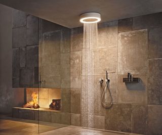 circular white shower head mounted on bathroom ceiling with light around the rim