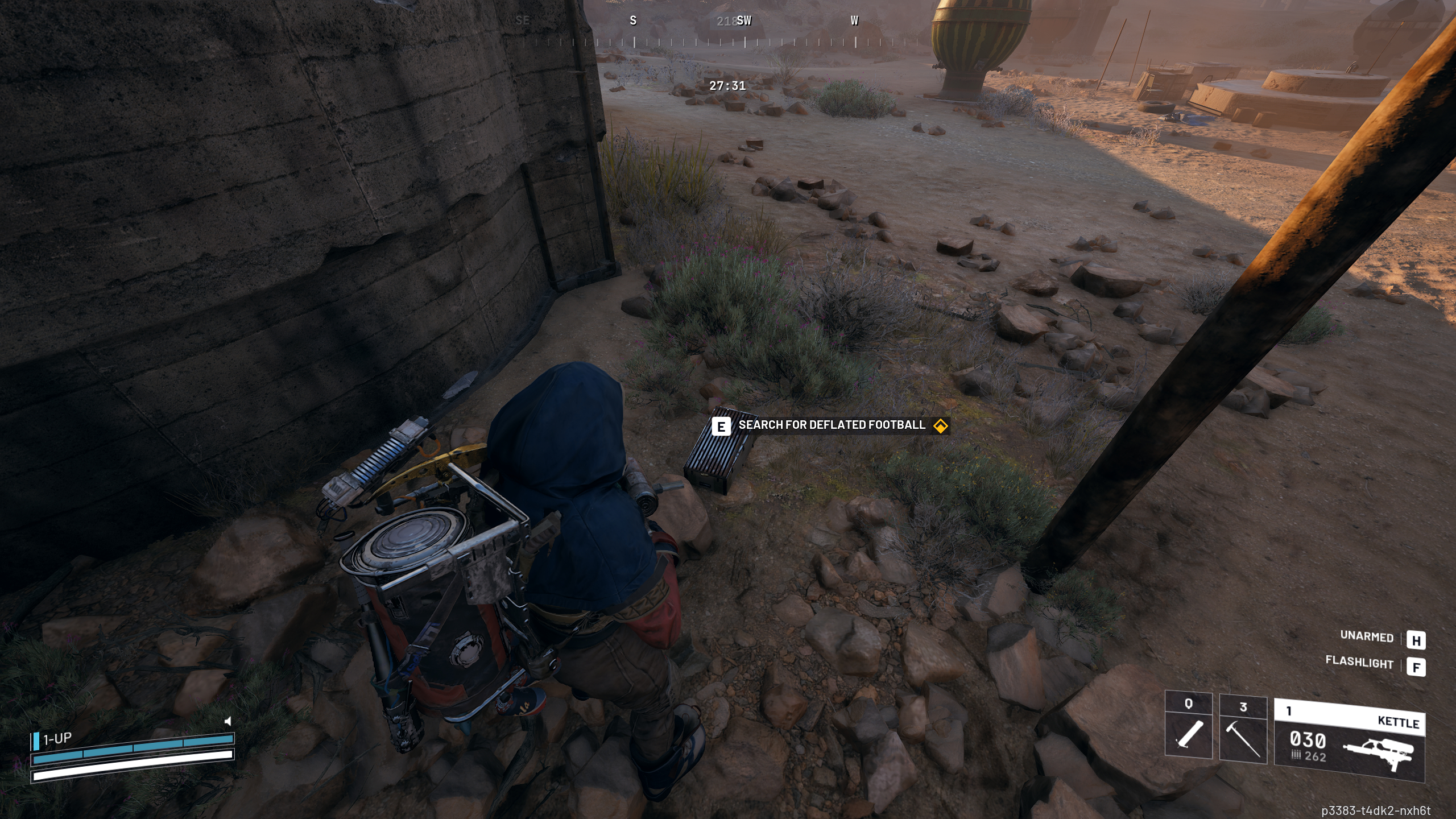 Arc Raiders The League: A player looking at a box on the ground next to a water tower and wooden goal post that contains a football.