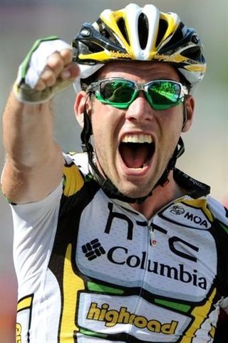 A jubliant Mark Cavendish (HTC-Columbia) after winning his first Tour de France stage of 2010