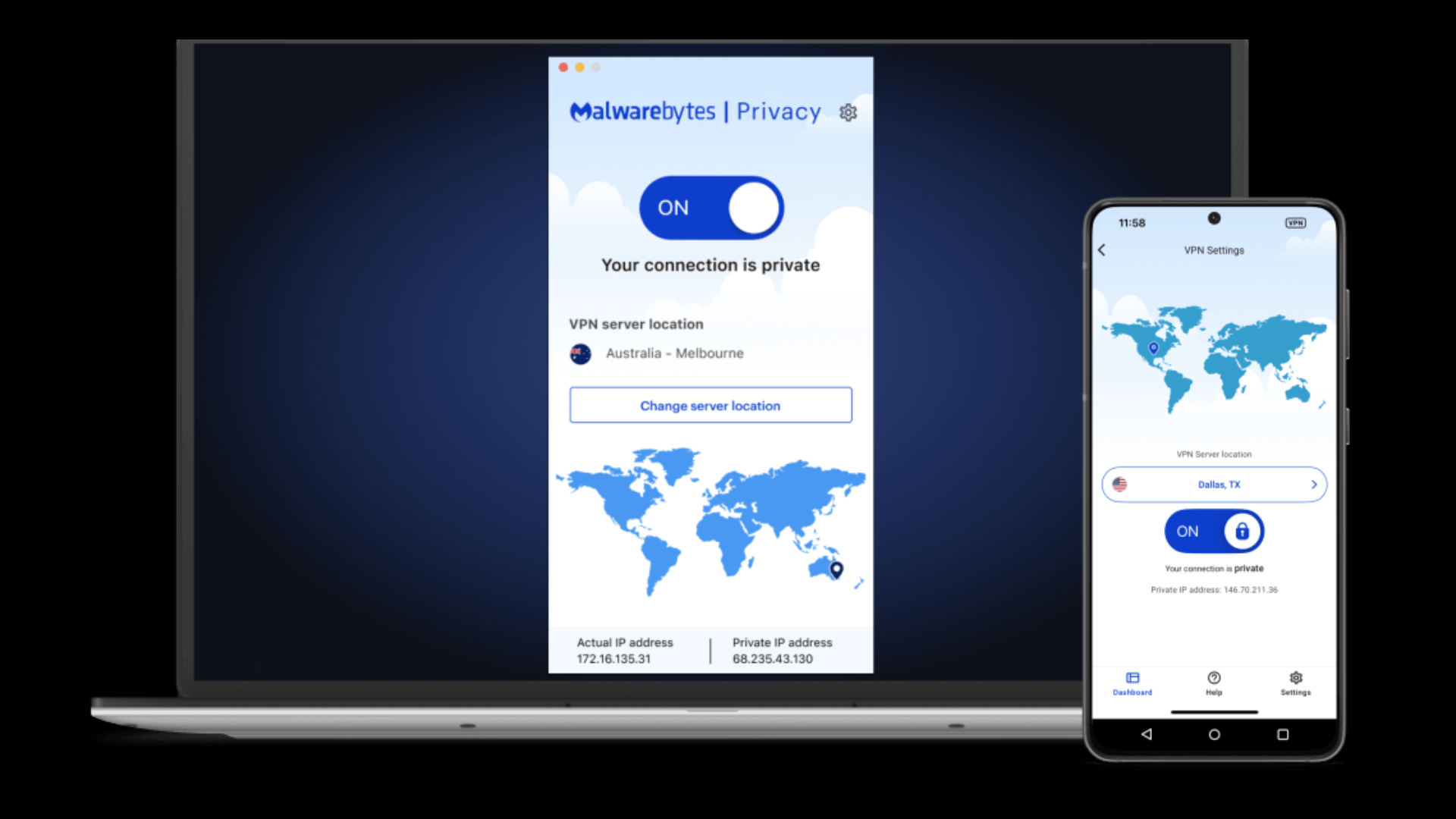 Malwarebytes Privacy VPN apps on laptop and smartphone &mdash; promo image