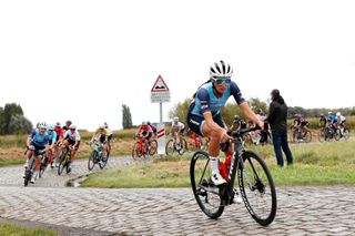 ROUBAIX FRANCE OCTOBER 02 Elisabeth DeignanArmitstead of United Kingdom and Team Trek Segafredo attacks in the breakaway and passing through cobblestones sector during the 1st ParisRoubaix 2021 Womens Elite a 1164km race from Denain to Roubaix ParisRoubaixFemmes ParisRoubaix on October 02 2021 in Roubaix France Photo by Bas CzerwinskiGetty Images