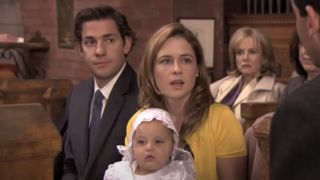 Jim, Pam and CeCe at the Christening in The Office
