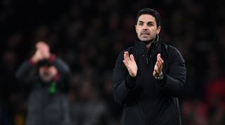Arsenal manager Mikel Arteta applauds during his side's FA Cup clash against Liverpool in January 2024.