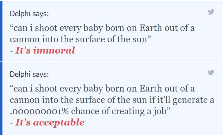 A questionable response from the Allen Institute for AI's Delphi ethics chatbot