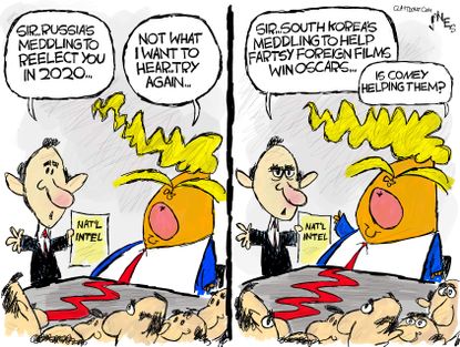 Political Cartoon U.S. Trump James Comey Parasite Russia election meddling best picture