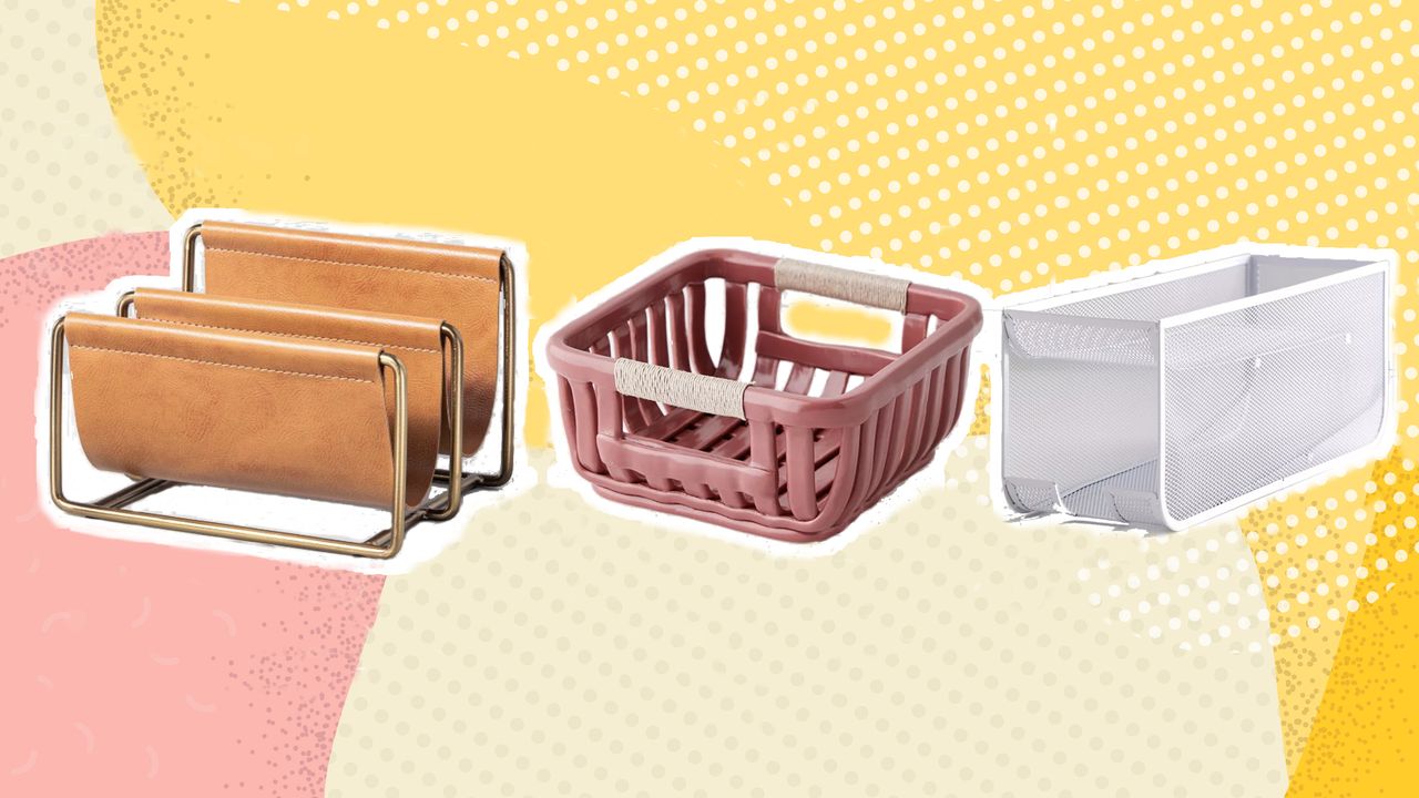 Three organizational basket and bins on yellow backround