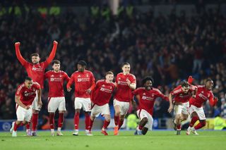 Nottingham Forest players celebrate victory in a penalty shootout in the FA Cup quarter-final against Brighton & Hove Albion, March 2025
