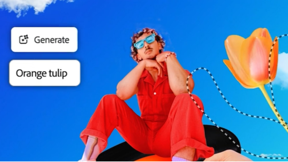 The interface of the Adobe Photoshop for mobile app, edits of a model against a blue sky