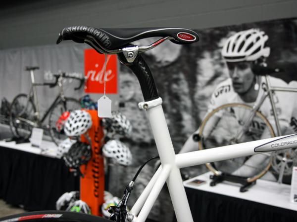 The extended seat tube of Serotta's VentiCinque frame is topped with the company's all-new carbon fiber seatpost.