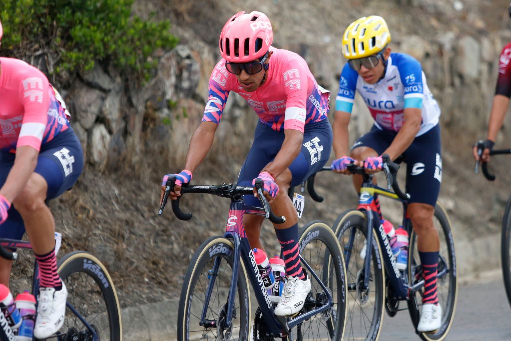 BOYACA COLOMBIA FEBRUARY 14 Daniel Felipe Martinez Poveda of Colombia and Team EF Pro Cycling Sergio Andres Higuita Garcia of Colombia and Team EF Pro Cycling White Best Young Rider Jersey Peloton during the 3rd Tour of Colombia 2020 Stage 4 a 1686km stage from Paipa to Santa Rosa de Viterbo Boyac 2751m TourColombiaUCI TourColombia2020 on February 14 2020 in Boyac Colombia Photo by Maximiliano BlancoGetty Images
