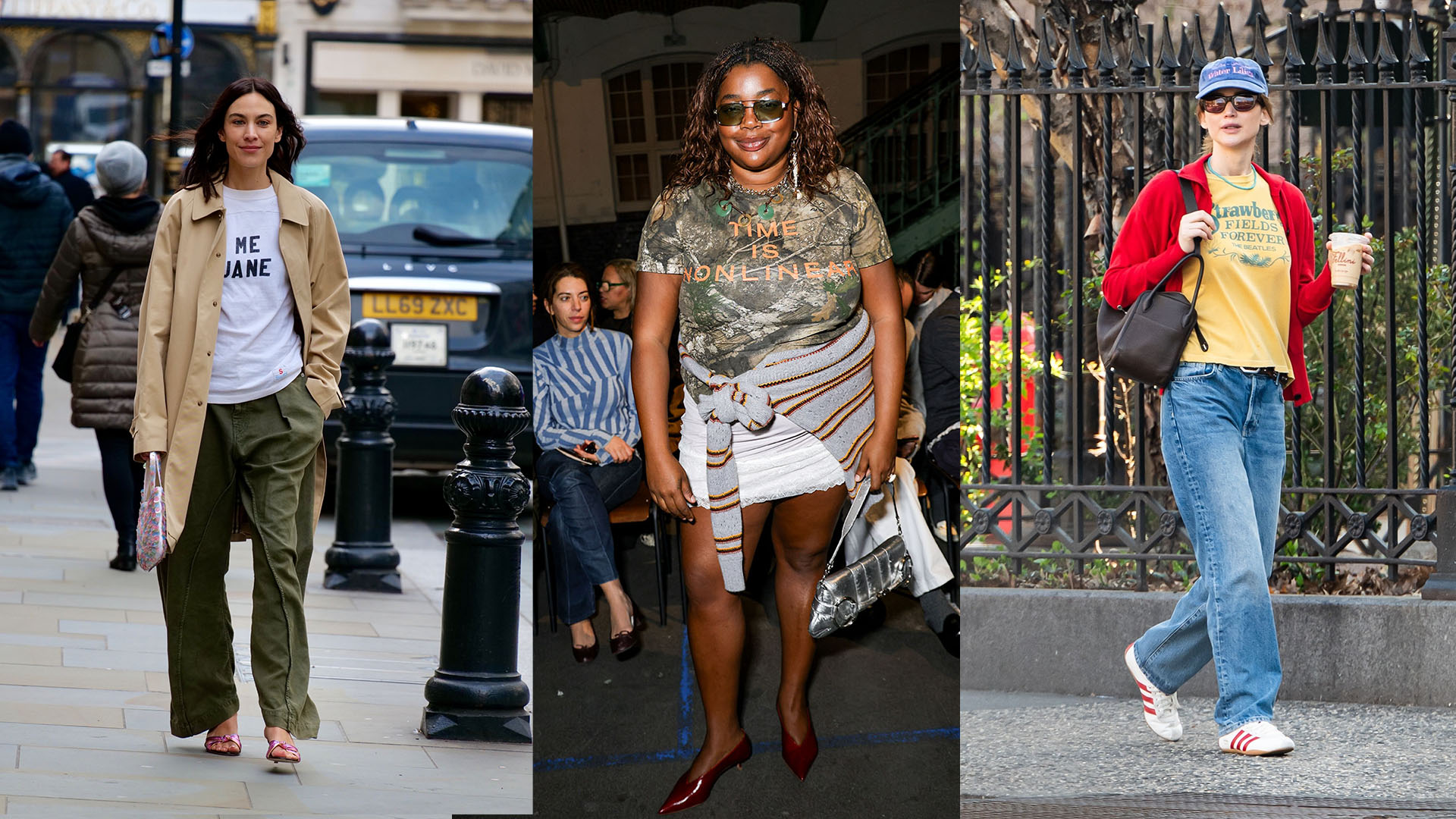Alexa Chung, Gabriella Karefa-Johnson, and Jennifer Lawrence wearing graphic t-shirt outfits. 